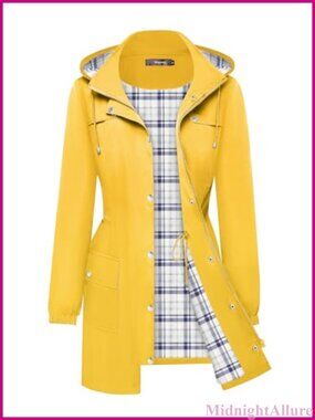 Women's Lightweight Waterproof Hooded Raincoat Trench Coat Plaid Lined